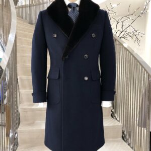 Manteau Bleu Marine en Cachemire et Col en Castor amovible